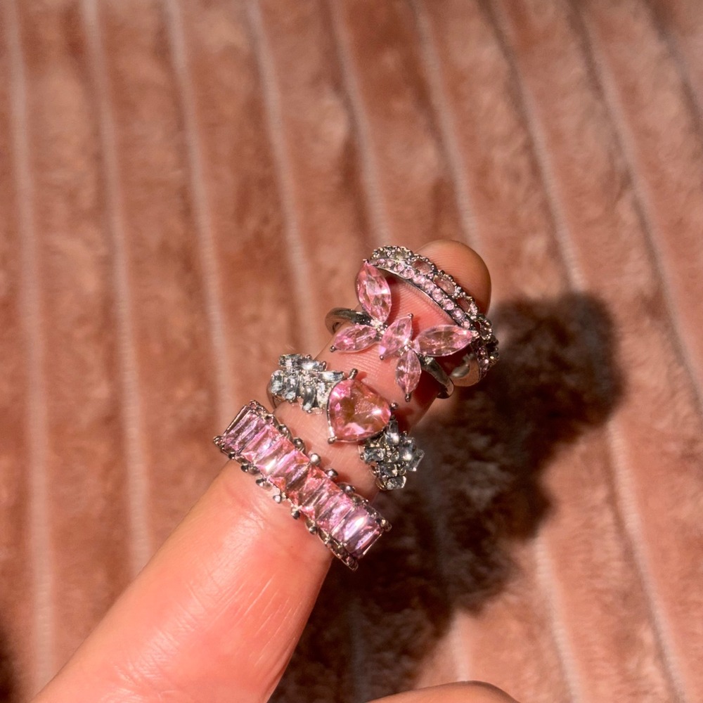 Pink Crystal Ring Set Butterfly Heart Baguette Silver Tone Stacking Rings Size 7